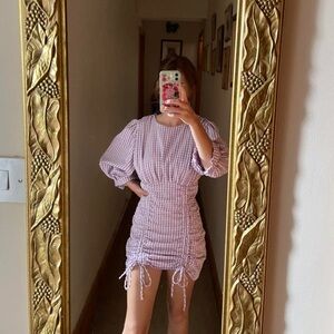 ZARA DRESS CHECK GINGHAM CORDUROY SHORT BALLON SLEEVES LILAC PASTEL PURPLE